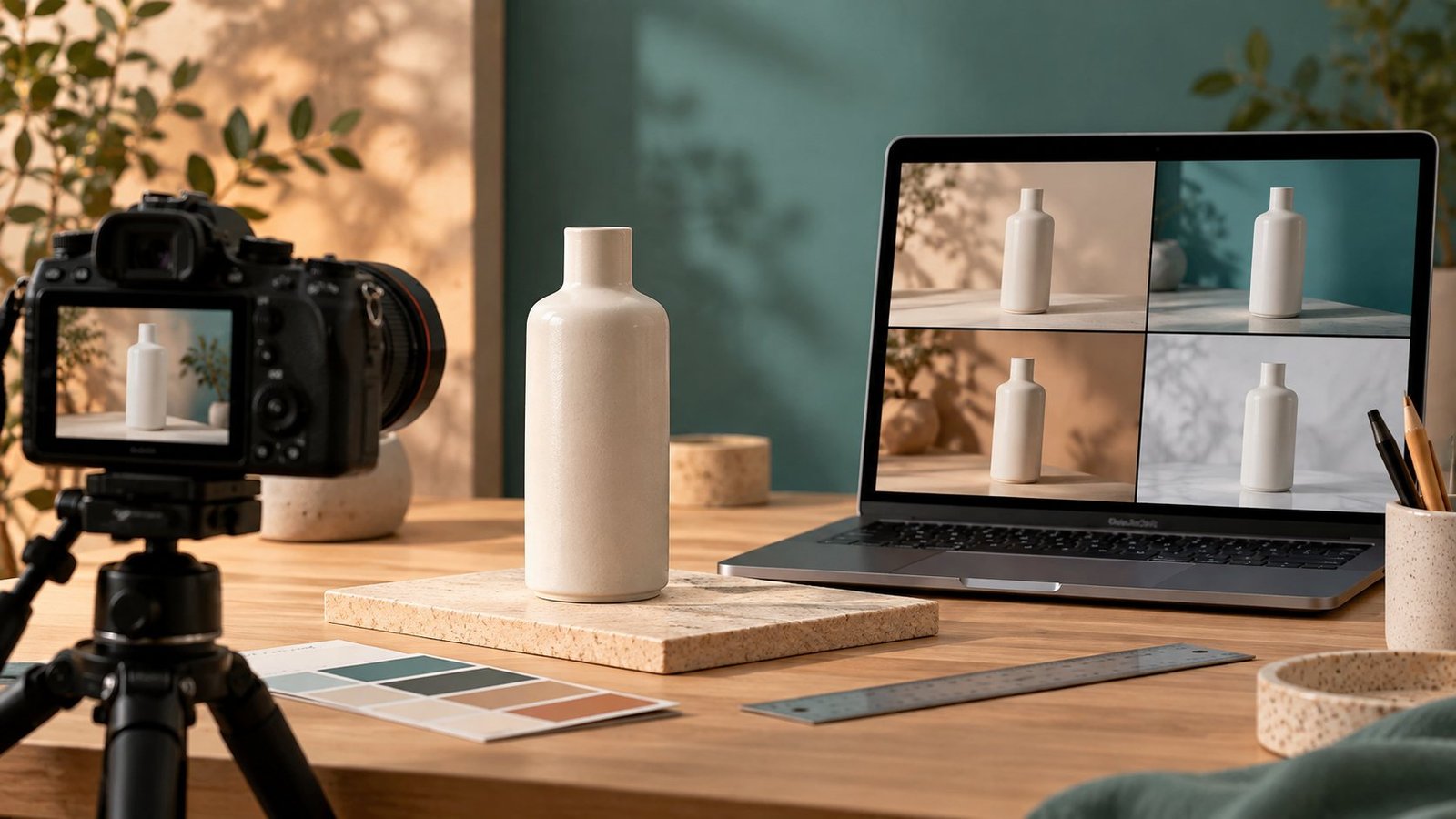A plain ceramic bottle photographed beside visual variations on a laptop.
