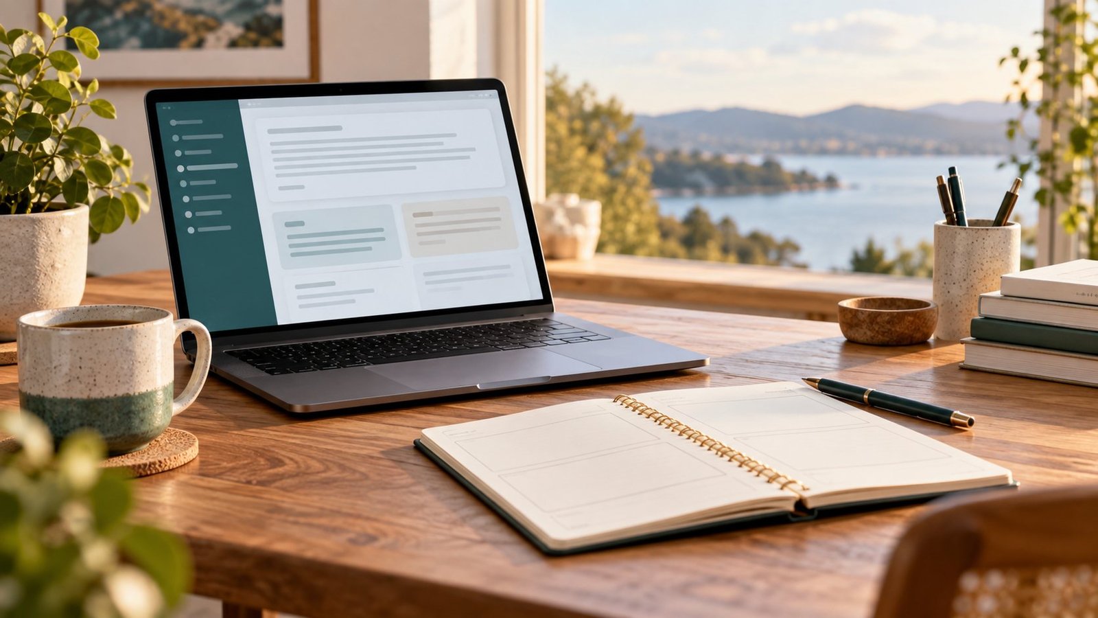 A laptop and notebook on a desk for planning structured AI prompts.