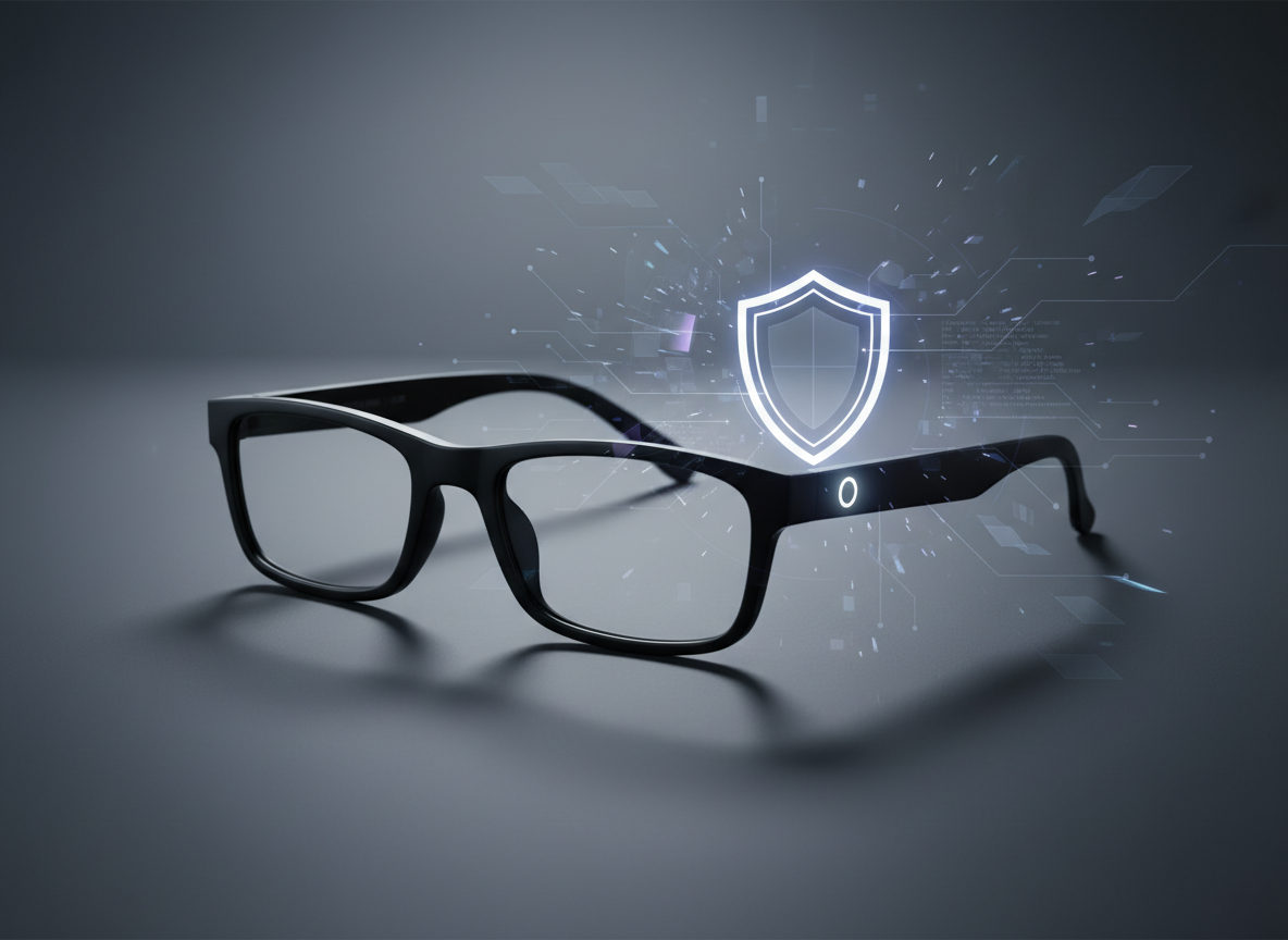 Black AI smart glasses with a visible camera indicator light and abstract privacy symbols in the background.