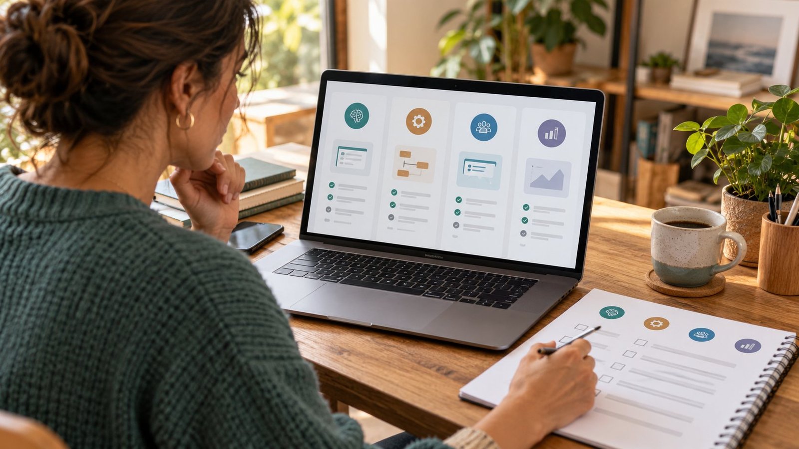 A business owner compares AI workflow options at a desk.