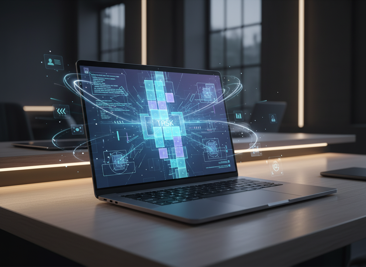 Laptop displaying an abstract AI coding and agent workflow interface for an article about Claude Opus 5.5.