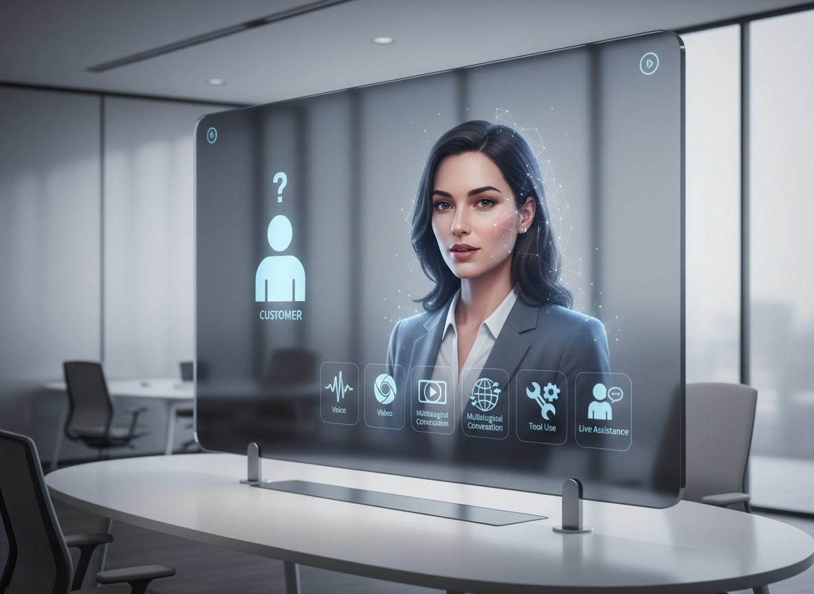 AI video avatar speaking with a customer in a real-time business support interface.