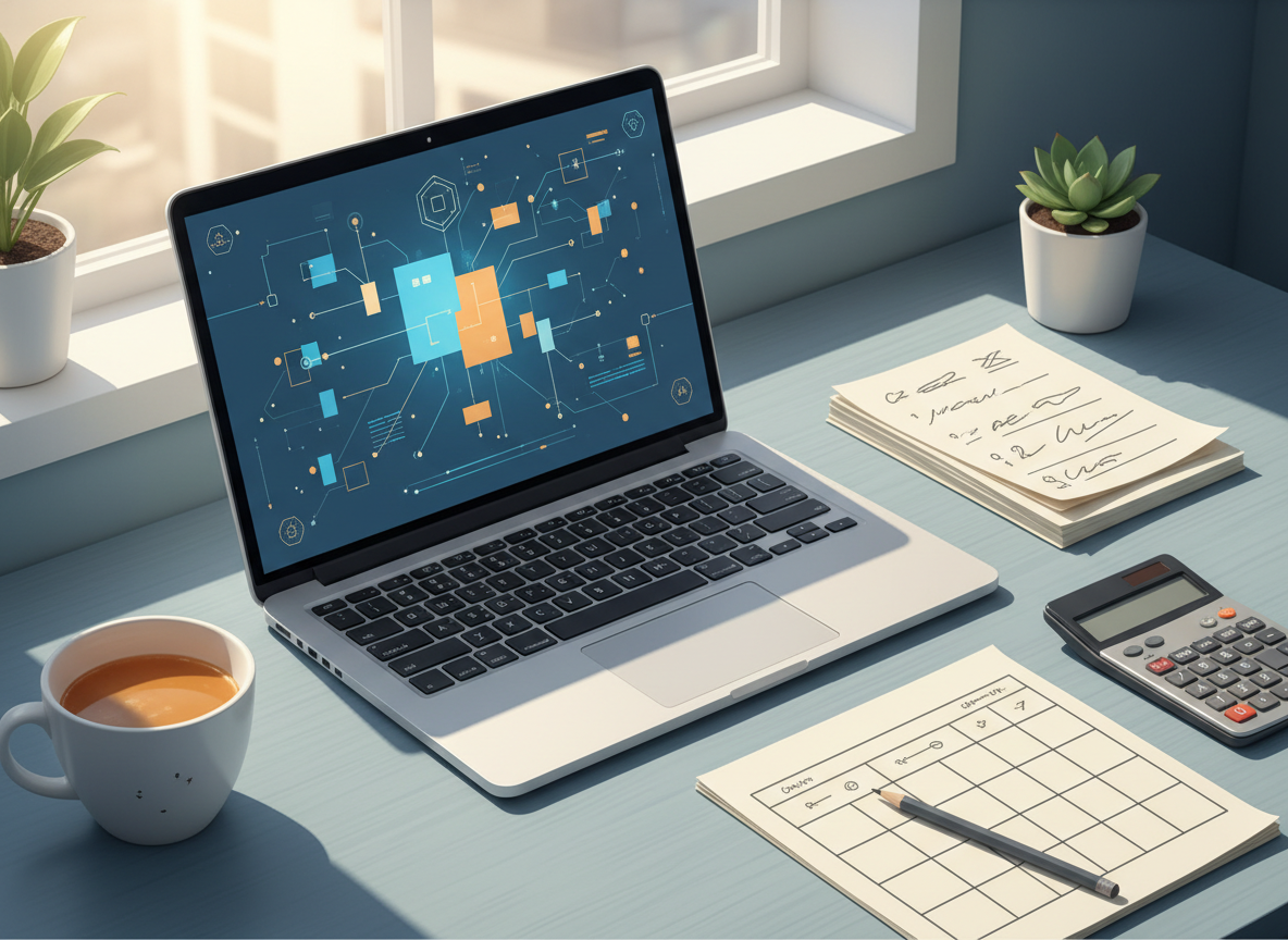 Workspace with a laptop, notes and a decision matrix for evaluating AI tools